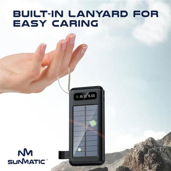 Externt batteri, Powerbank med solceller 20 000 mAh | SUNMATIC| Högkapacitets powerbank, Dual USB & Type-C bärbart externt batteri med LED-ficklampa