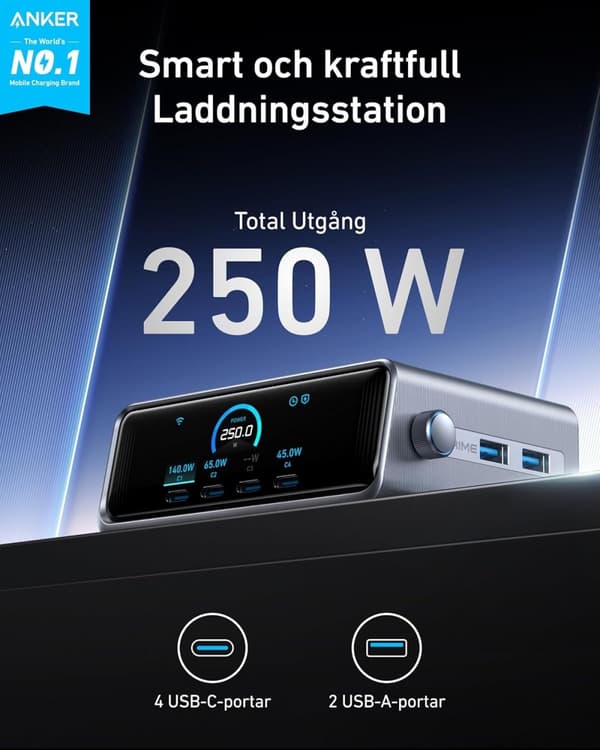 Anker Prime 250 W USB-C-laddare, Ultrasnabb 6-portars GaN, 6 cm LCD-display, Smart Control-kontroller