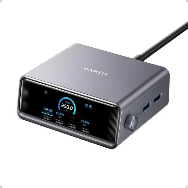 Anker Prime 250 W USB-C-laddare, Ultrasnabb 6-portars GaN, 6 cm LCD-display, Smart Control-kontroller Svart