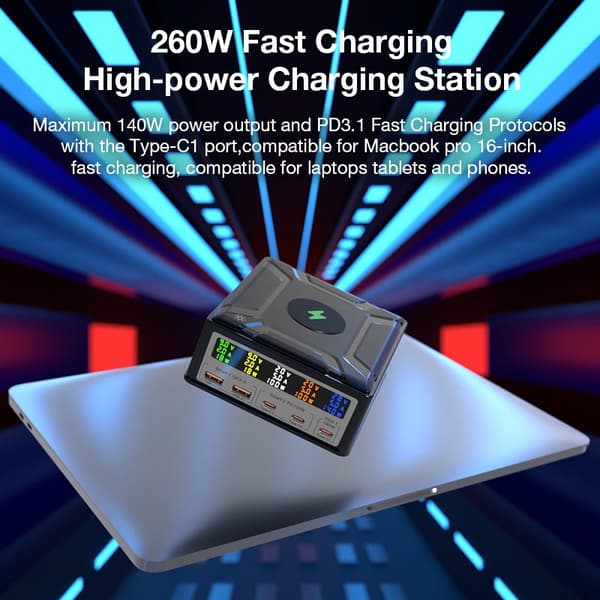 BW-S28 260W 5-portars USB PD Digital Display 140W PD3.1 PPS Snabbladdare 2USB-A+3USB-C med 15W trådlös laddare Bordsladdningsstation, enkelladdare