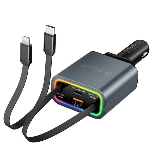 Sisäänvedettävä autolaturi 4 in 1, 131 W tupakansytyttimen sovitin USB C, tyyppi C pikalatausautolaturisovitin moniportti älypuhelimille