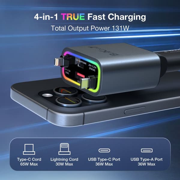 Sisäänvedettävä autolaturi 4 in 1, 131 W tupakansytyttimen sovitin USB C, tyyppi C pikalatausautolaturisovitin moniportti älypuhelimille