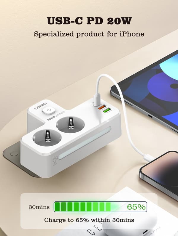LDNIO SE2337 20W 5-portars USB PD-laddare med 2 EU-utgångar + 2 USB-A + USB-C PD QC3.0 Snabbladdningsadapter för väggladdare EU-kontakt