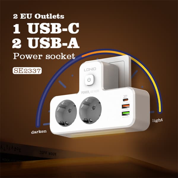 LDNIO SE2337 20W 5-portars USB PD-laddare med 2 EU-utgångar + 2 USB-A + USB-C PD QC3.0 Snabbladdningsadapter för väggladdare EU-kontakt