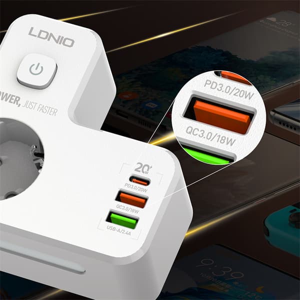 LDNIO SE2337 20W 5-portars USB PD-laddare med 2 EU-utgångar + 2 USB-A + USB-C PD QC3.0 Snabbladdningsadapter för väggladdare EU-kontakt