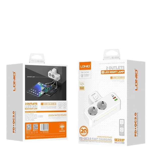 LDNIO SE2337 20W 5-portars USB PD-laddare med 2 EU-utgångar + 2 USB-A + USB-C PD QC3.0 Snabbladdningsadapter för väggladdare EU-kontakt