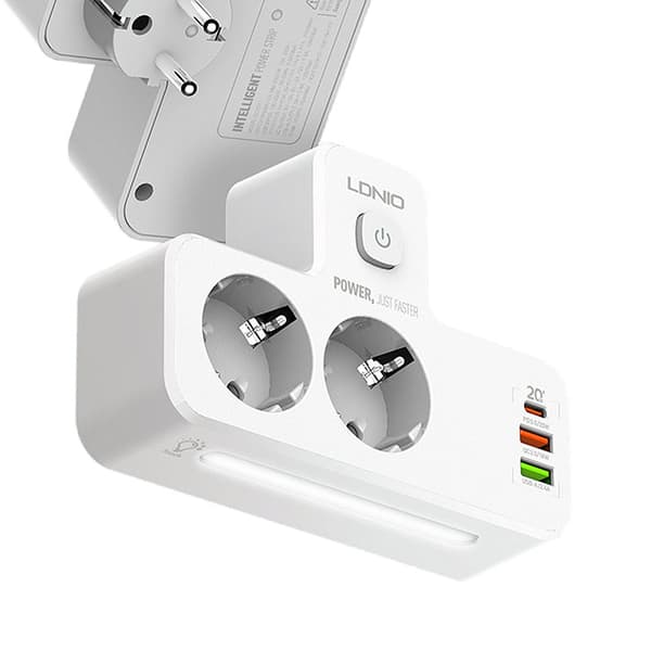 LDNIO SE2337 20 W 5-porttinen USB PD -laturi, 2 EU-lähtöä + 2 USB-A + USB-C PD QC3.0 pikalatausseinälaturisovitin EU-pistoke