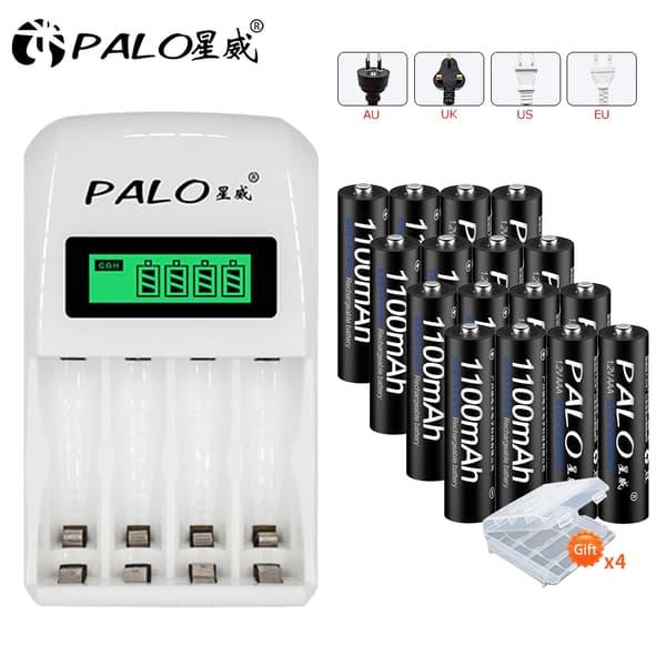 Genopladelige batterier, LCD-skærm, Smart batterioplader, 16PCS og oplader
