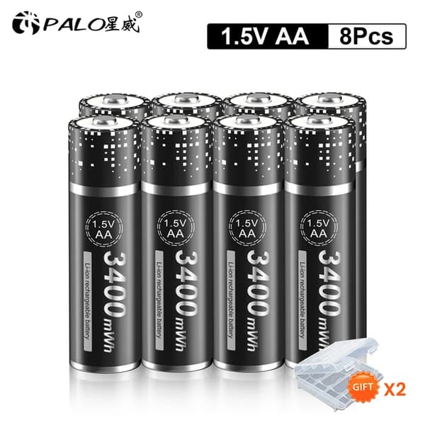 Genopladeligt AA-batteri, 3400mWh kapacitet, batterikasse inkluderet, 8 stk batteri