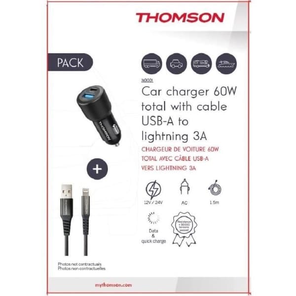 Laddare + kabelpaket - THOMSON - 60 W billaddare - USB-A till L 3A-kabel
