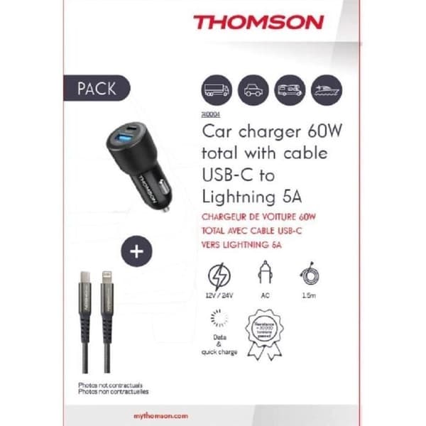 Laddare + kabelpaket - THOMSON - 60 W billaddare - C till L 5A kabel - Längd 1,5 m