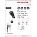 Miniatyrbild 2 av 2: Laddare + kabelpaket - THOMSON - 60 W billaddare - USB-A till C 3A-kabel - längd 1,5 m