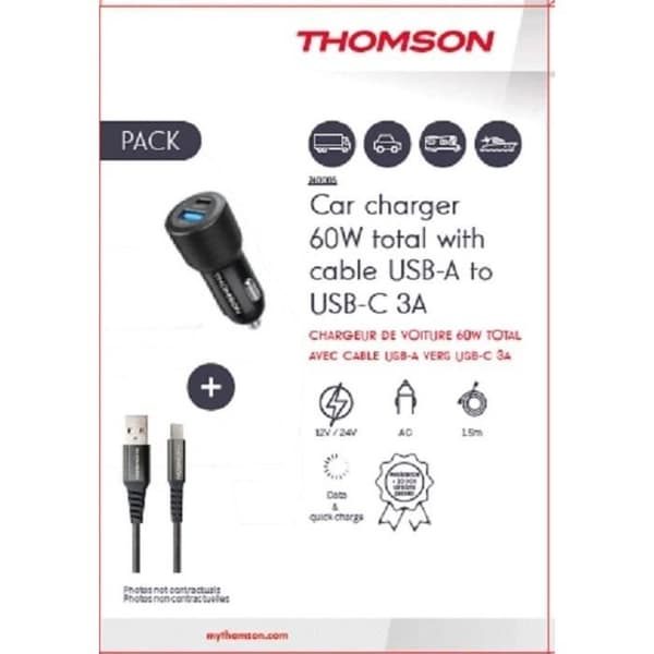 Laddare + kabelpaket - THOMSON - 60 W billaddare - USB-A till C 3A-kabel - längd 1,5 m