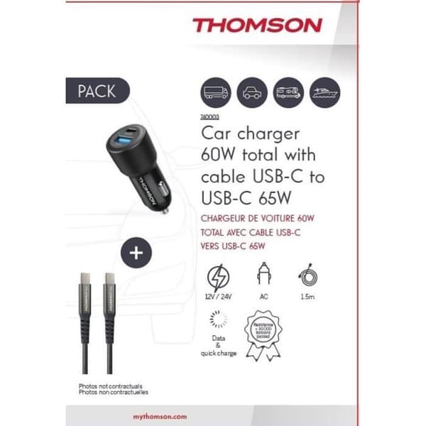 Laddare + kabelpaket - THOMSON - 60 W billaddare - 65 W C till C-kabel - 1,5 m