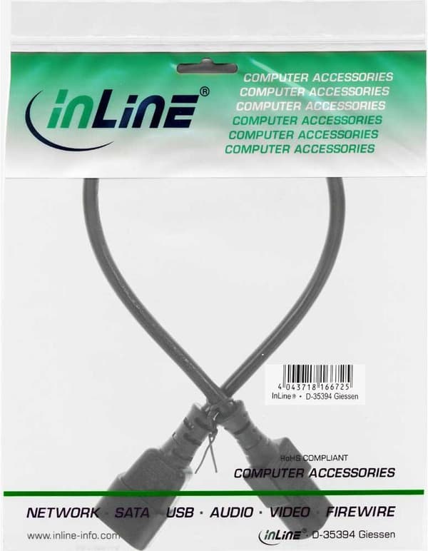 InLine - Strømforsyningsforlængerkabel - IEC 60320 C13 til IEC 60320 C14 - 30 cm - Sort (16603A)