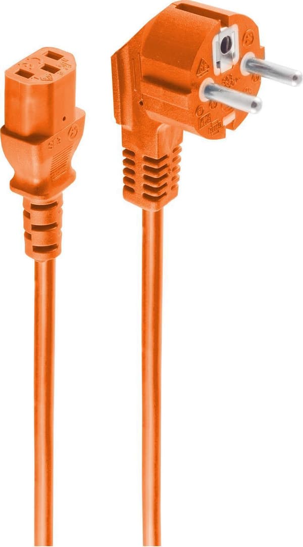 shiverpeaks ®-BASIC-S--verkkoliitäntäkaapeli, turvapistoke 90° IEC-pistorasiaan, 230 V IEC-laitteille, CEE7/7-C13, VDE, oranssi, 3,0 m (BS09-05047)