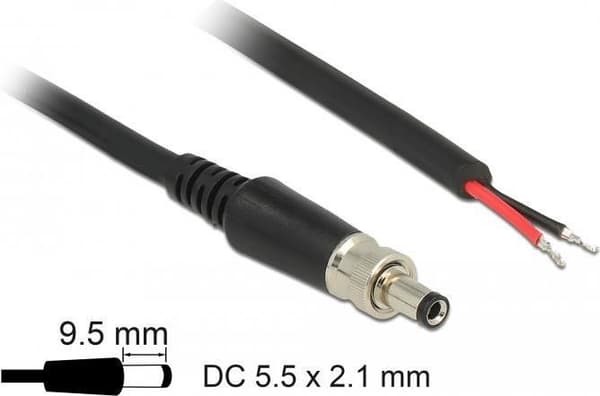 Delock - Strømkabel - GS-stik 2,1/5,5/9,5 mm (M) uden stik - 18 V - 2 A - 95 cm - sort (89907)