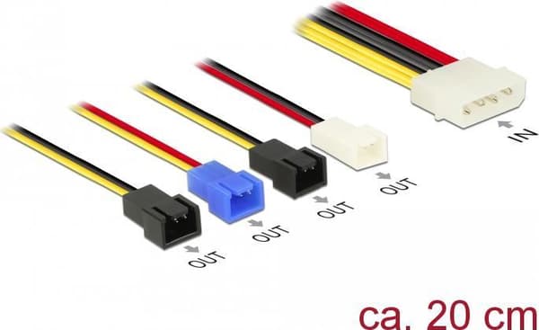 DeLOCK Molex 4-polig > 4 x 2-polig fläkt (12 V / 7 V / 5 V) - strömkabel för fläktar - intern strömförsörjning, 4-stift (M) till Molex, 2-stift - 20 c