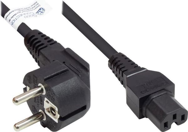 Virtajohdon suojakosketinpistoke tyyppi E+F (CEE 7/7, kulmikas) C15 lämpimään laitepistorasiaan (suora), musta, 1,00 mm², 1 m, Good Connections® (P015