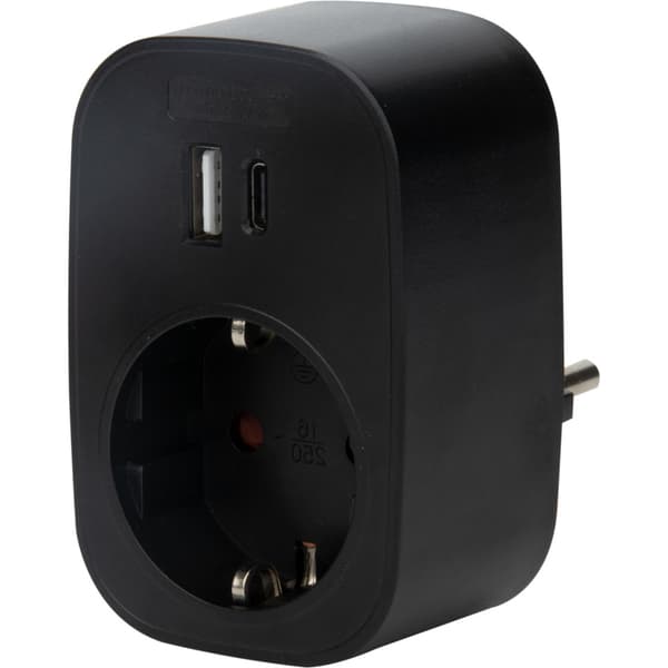 J&EL adapter USB A+C og 16A stikkontakt sort