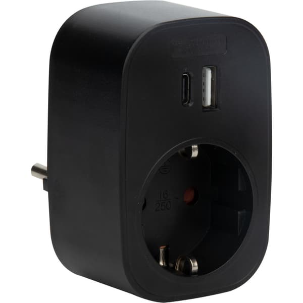 J&EL adapter USB A+C og 16A stikkontakt sort
