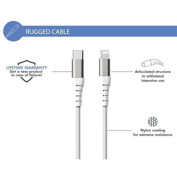 FORCE POWER C/MFI 3A 2m Vit förstärkt kabel - FOLLOWME - Kabel - USB - Laddning och synkronisering