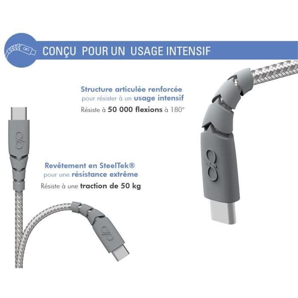 Ultraförstärkt USB C/USB C-kabel 3m 3A Livstidsgaranti Grå - 100 % återvunnen plast Force Power