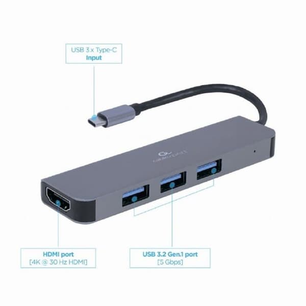 Hub USB-C HDMI - Gembird - 8716309121446 - 3 portar USB 3.2 - HDMI 4K - Hållbart metall