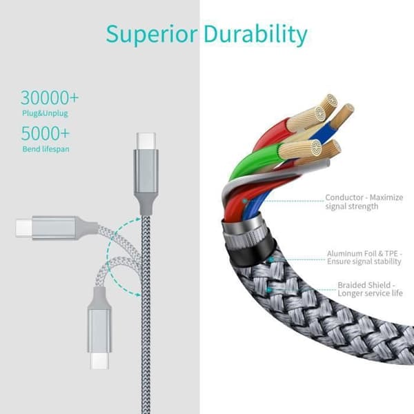 Ototon® 2M USB C till USB C-kabel 90 grader vinklad PD Snabbladdning 60W Typ C-kabel Nylonflätad för MacBook Samsung Huawei - 2M