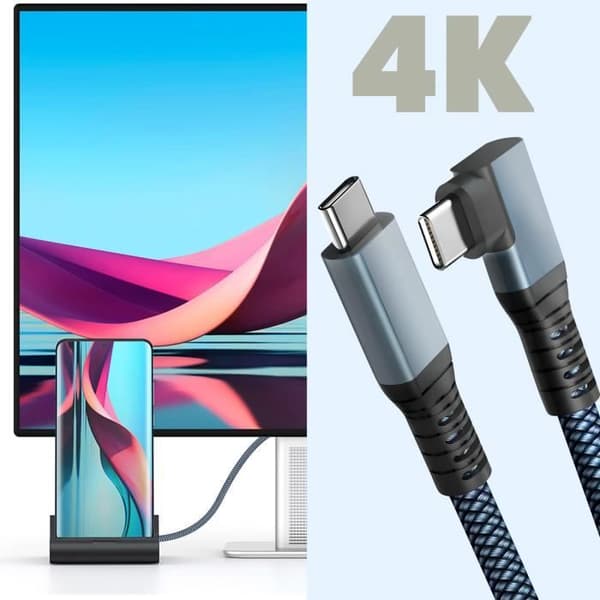 3 i 1 USB-C-kabel 100W Laddning 4K-upplösning 20Gbps Överföringsvinklad 1m Grå
