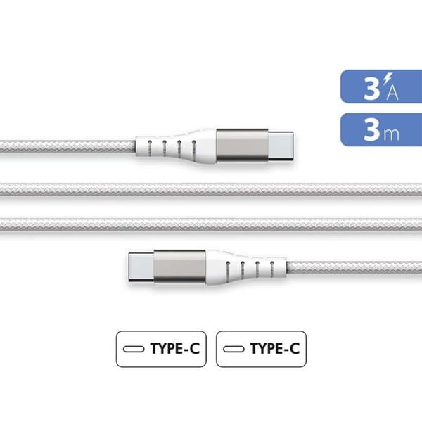 Förstärkt USB C/USB C-kabel 3m - 3A Force Power Vit