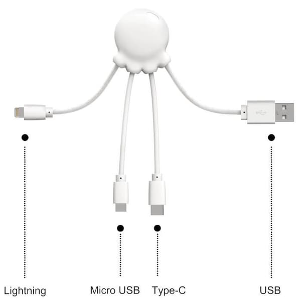 Biologiskt nedbrytbar Octopus-kabel USB A/micro USB &amp; USB C &amp; Lightning 0,1 m Vit Xoopar
