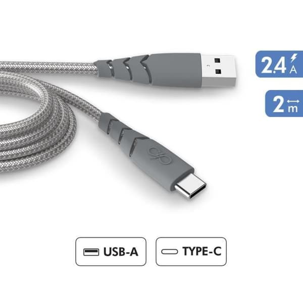 Ultraförstärkt USB A/USB C-kabel 2m 3A Livstidsgaranti Grå - 100 % återvunnen plast Force Power