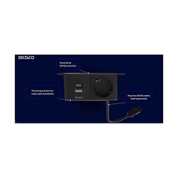 DELTACO strømpanel, 1 stik, 1x21W A+C USB-lader, GST18-kontakt