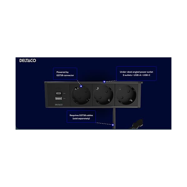 DELTACO strømpanel, 3 udtag, 1x21W A+C USB-lader, GST18-tilslutning