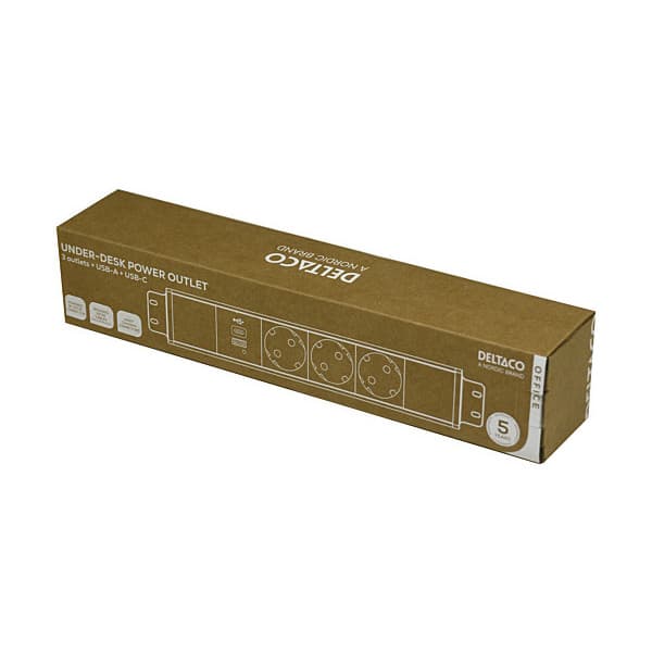 DELTACO strømpanel, 3 udtag, 1x21W A+C USB-oplader, GST18-tilslutning, kædning