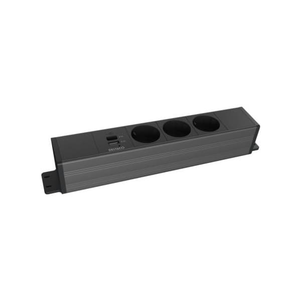 DELTACO strømpanel, 3 udtag, 1x21W A+C USB-oplader, GST18-tilslutning, kædning