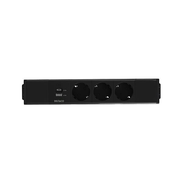 DELTACO strømpanel, 3 udtag, 1x21W A+C USB-oplader, GST18-tilslutning, kædning