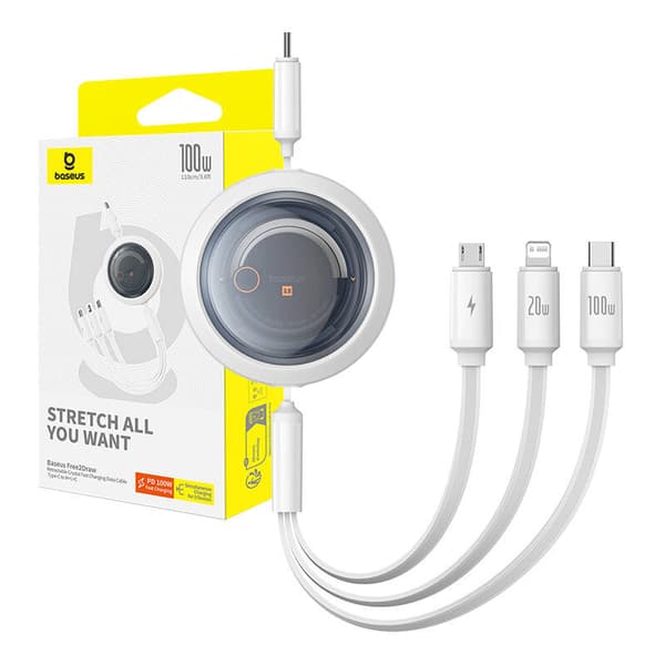 Hurtigopladningskabel 3i1 Baseus Free2Draw USB-C til USB-C/Lightning/Micro 100W, 1,1m (hvid)