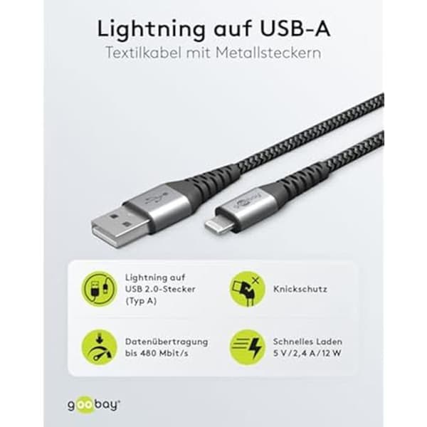 Lightning-kabel - GOOBAY - 49269 - MFi-certifierad - 2 m - Hållbar textil med metallkontakter