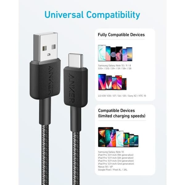 Anker-kabel - 322 - USB Typ-A till USB Type-C - nylon, 1,8 M