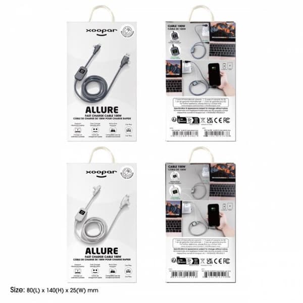 Allure 100W snabbladdningskabel i återvunnet aluminiumsilver