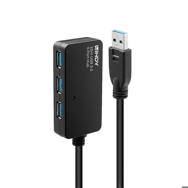 Aktiv USB 3.0 förlängning - Pro - 10m - Hub med 4 portar - Svart - Ansluter upp till 4 enheter