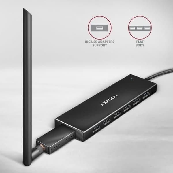 AXAGON HUE-F7A USB-Hub, 7X USB 3.2 Gen 1, Extern strömförsörjning - 1m - 8595247907035