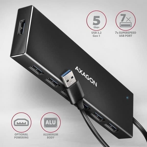 AXAGON HUE-F7A USB-Hub, 7X USB 3.2 Gen 1, Extern strömförsörjning - 1m - 8595247907035
