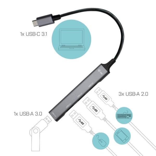 Hub USB-C - I-TEC - C31HUBMETALMINI4 - 1x USB 3.0 - 3x USB 2.0 - Metall