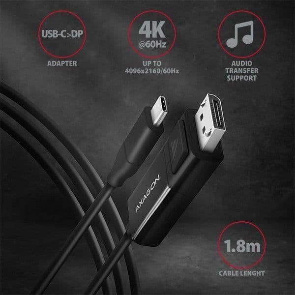 AXAGON RVC-DPC USB-C till DisplayPort-kabel, 1,8 m, 4K/60 Hz - Svart - 8595247905314