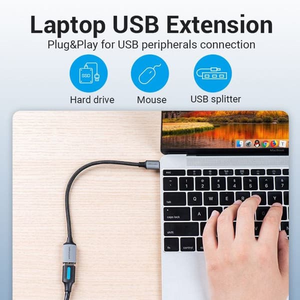 Adapter med OTG-funktion, Type-C till USB 2.0, 480 Mbps, snabb datatransfer, 0,15 m - Vention (CCWHB) - Grå