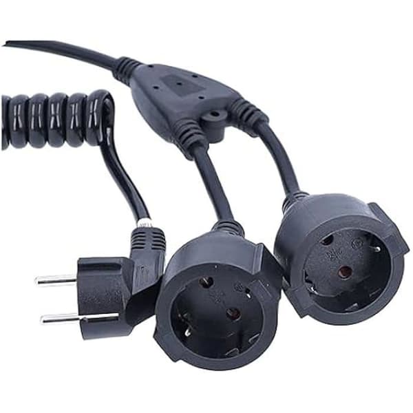 Spiralbäddad kabel - AS - SCHWABE - 1 m till 2,5 m - 2 Schuko-kontakter - 230 V, 16 A - Utbyggbar och flexibel