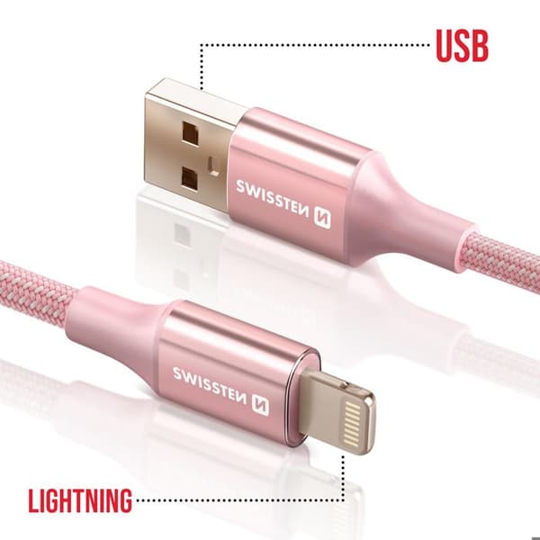 USB-kabel till Lightning Flätad Anti-knut Swissten Rosa